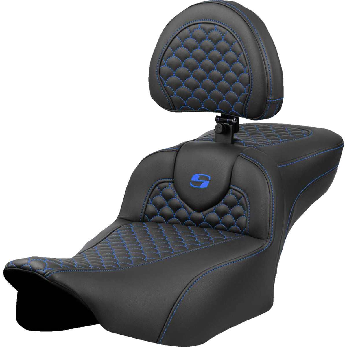 Saddlemen Roadsofa Extended Reach Seat Dragon Scale Stitch Blue Stitch With Backrest - 823-07-209B1 For Harley Touring 2023-2026