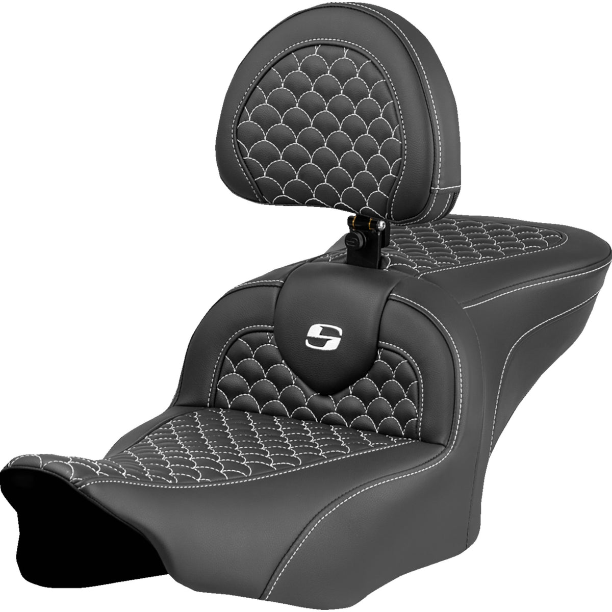 Saddlemen Roadsofa Standard Reach Seat Dragon Scale Stitch White Stitch With Backrest - 823-07-208B6 For Harley Touring 2023-2026